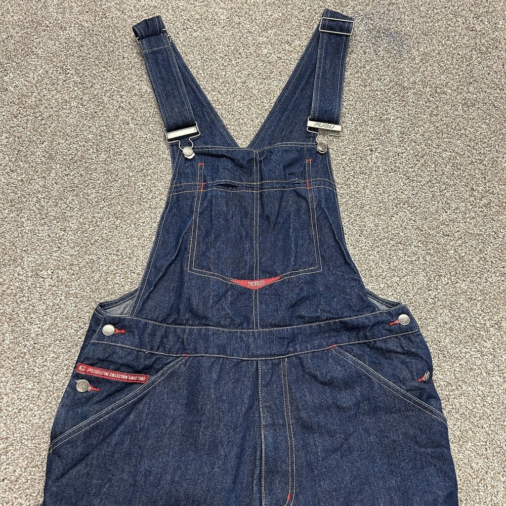 Y2K FUBU Denim Overalls Mens XL Dark Wash Bib Relaxed Fit Hip Hop Streetwear
